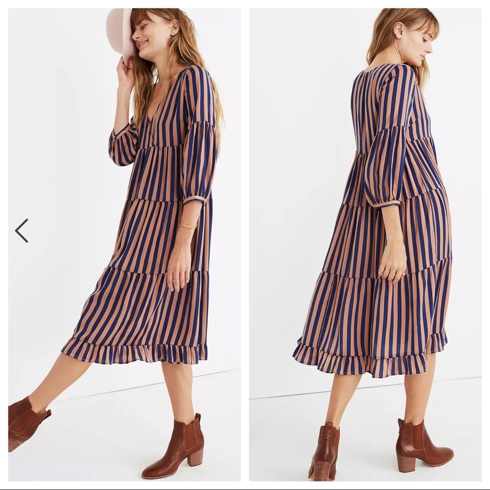 Madewell Tiered Striped Satin Midi Dress, Size 8